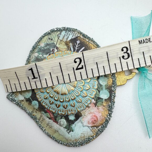 Handcrafted Ornament OOAK Collage Gold Flower & Turquoise Accents 3" Ribbon - Picture 5 of 7